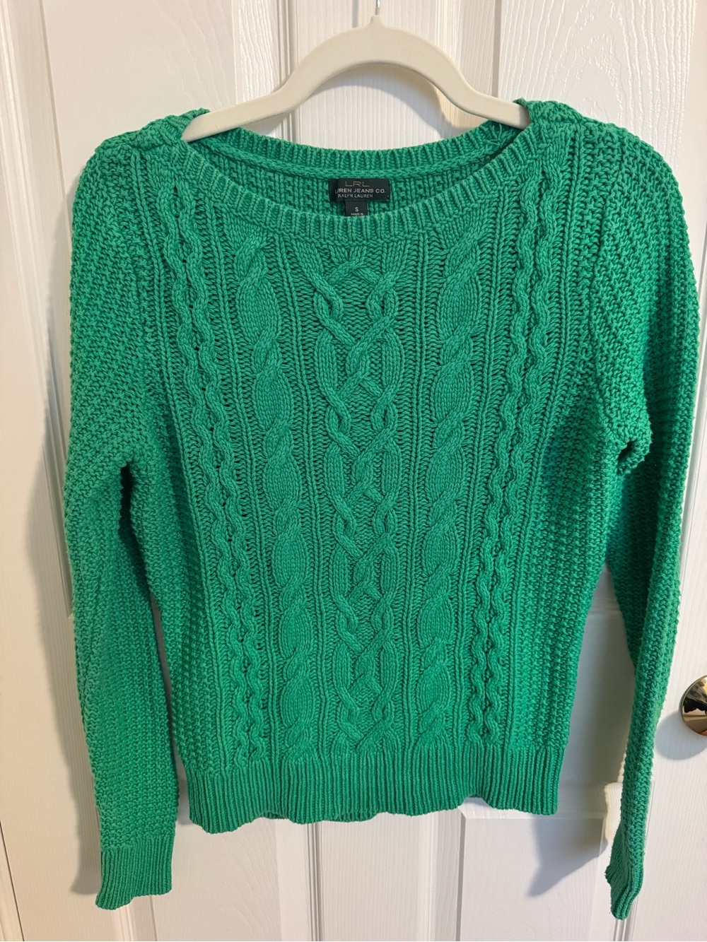 Lauren Ralph Lauren Kelly Green Cable Knit Crewneck Sweater